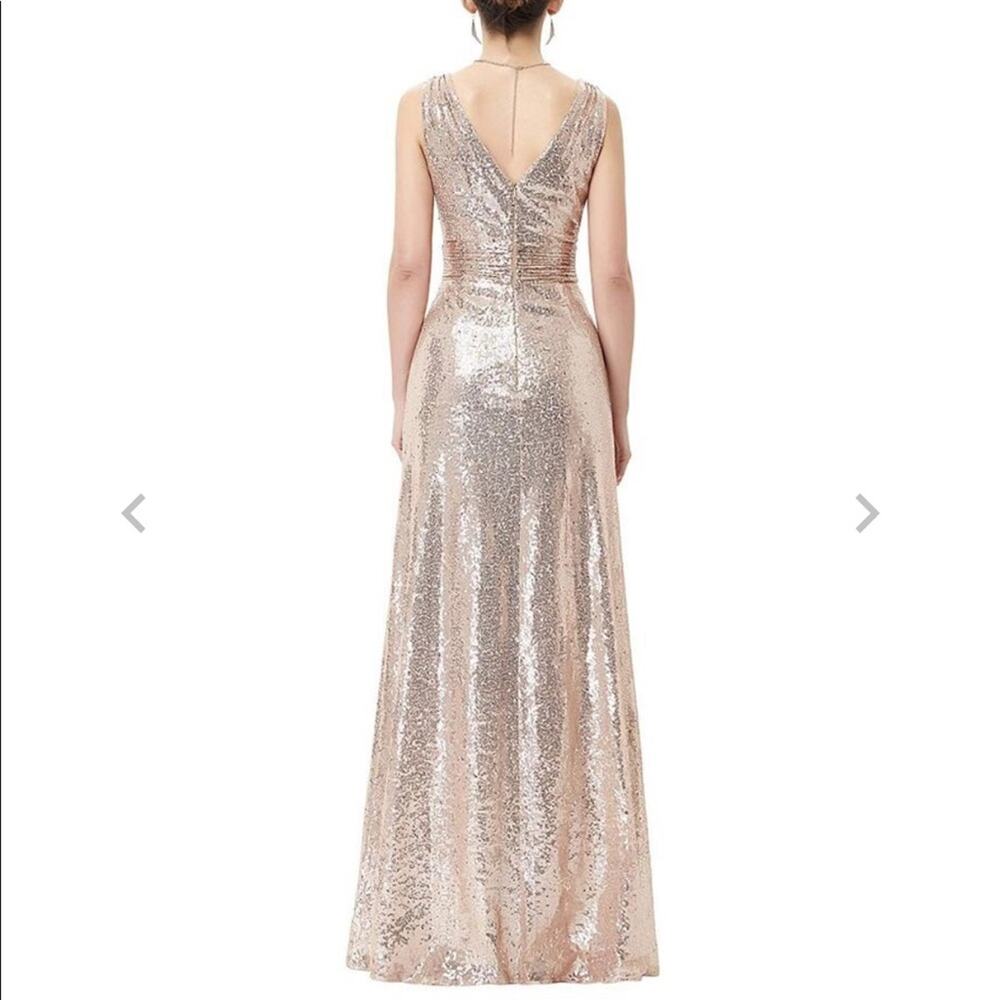 NEW KATE KASIN Pink Rose Gold Champagne VNeck Sequin Sparkle Maxi Gown Dress 10 - Picture 3 of 10